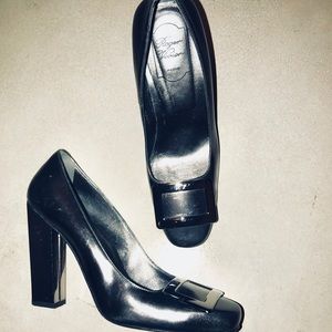 Roger Vivier metallic grey stacked heels size 10